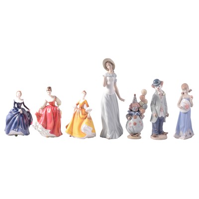 Lot 45 - Ten Lladro and Doulton figurines, together with two other figurines