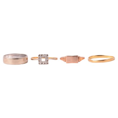 Lot 160 - Two wedding bands, broken signet ring, and ring missing a stone.