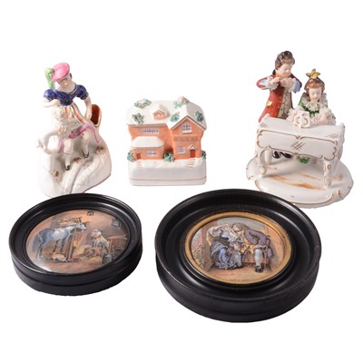 Lot 48 - A Dresden figure group, three Staffordshire groups and two pot lids.