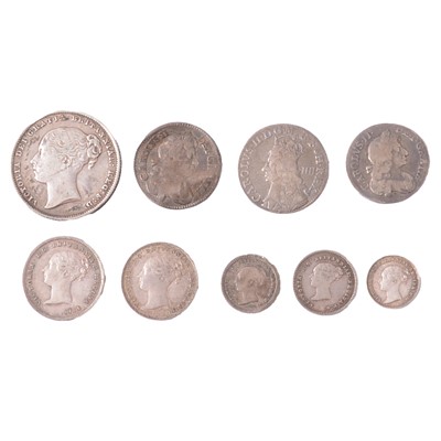 Lot 175 - Nine silver coins, Charles II and Victoria.
