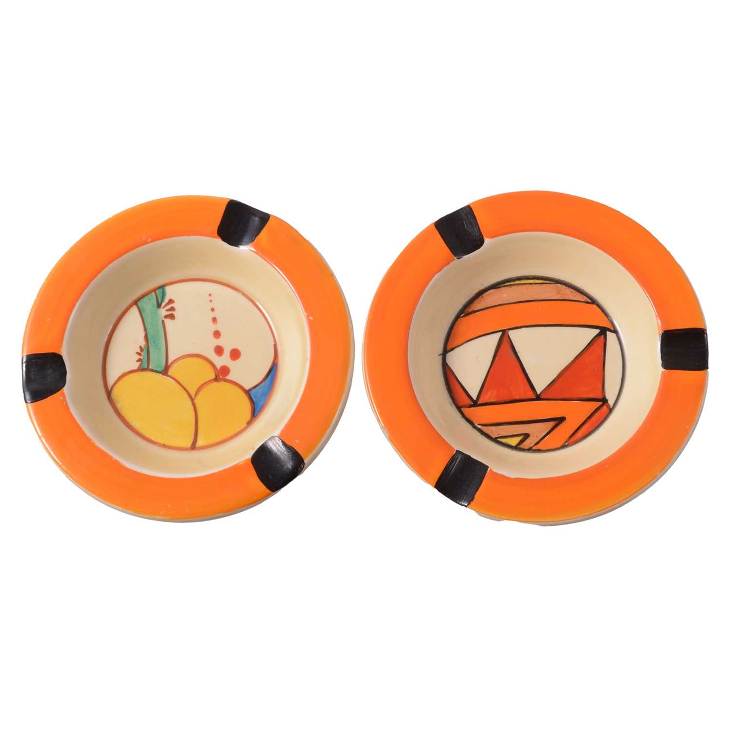 Lot 8 - Clarice Cliff, two ashtrays - 'Sunburst' and 'Summerhouse' pattern