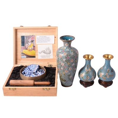 Lot 2 - Three Chinese cloisonne vases, and a Chinese dragon singing bowl