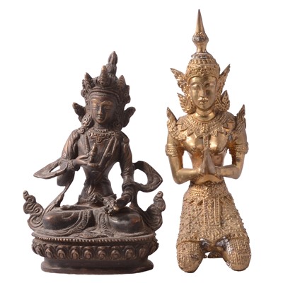 Lot 102 - Small cast bronze Buddha; and a brass Thai goddess