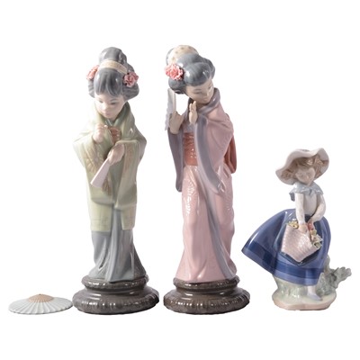 Lot 38 - Lladro, two Geisha figures and another girl with flowers