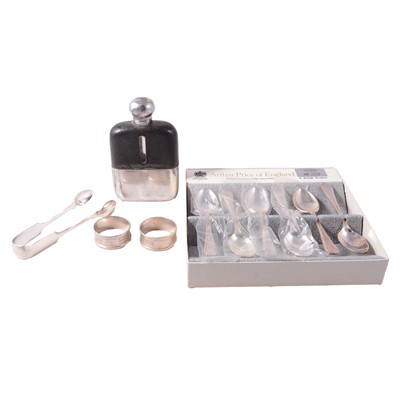 Lot 206 - Plated teaspoons, pair of silver napkin rings, hip flask.