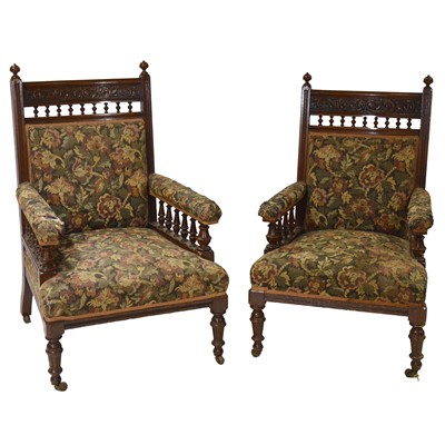 Lot 553 - Pair of Victorian oak armchairs