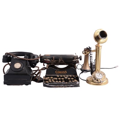 Lot 122 - Candlestick telephone, a bakelite telephone and a vintage typewriter