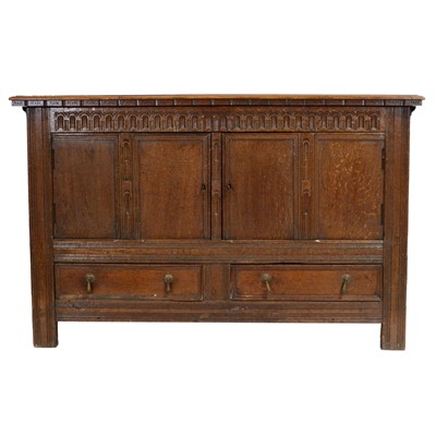 Lot 480 - Joined oak mule chest, adapted to a cabinet