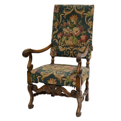 Lot 521 - Carolean style oak framed high back chair