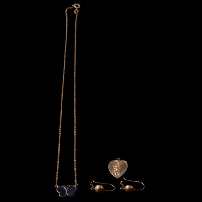 Lot 303 - A gold St Christopher charm, pair of gold earrings, and butterfly pendant necklace.