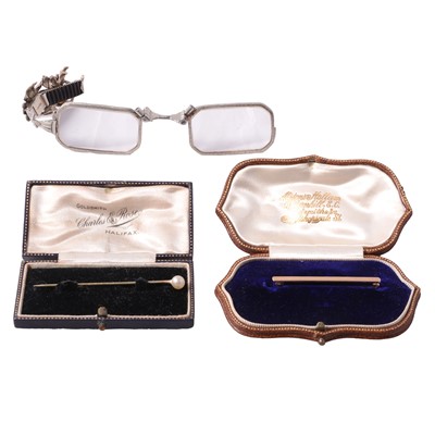 Lot 484 - A folding pair of lorgnette spectacles, 9 carat yellow gold bar brooch, and cultured pearl stick pin.