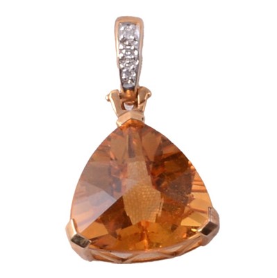 Lot 388 - A citrine and diamond pendant, and two yellow metal chains.