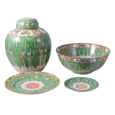 Lot 12 - Chinese famille verte ginger jar and cover, large bowl, and two plates