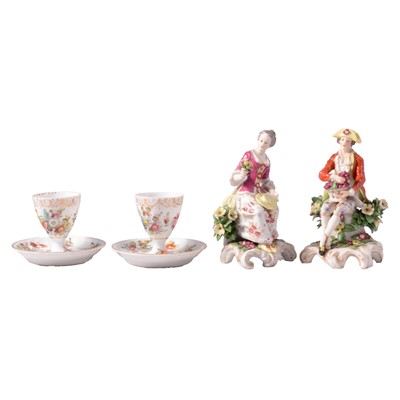 Lot 13 - Pair of Dresden figures, and a pair of eggcups.