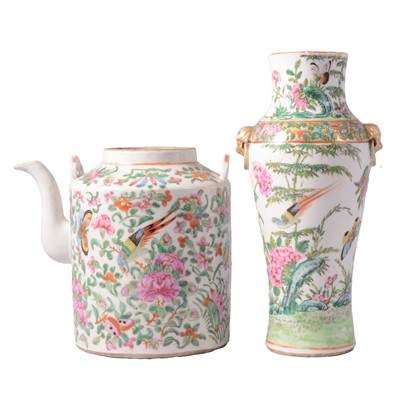 Lot 8 - Cantonese bottle vase, and a Cantonese polychrome kettle