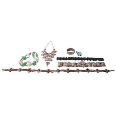 Lot 494 - Silver half-hinged bangle, agate set necklace and belt, metal belt, and other jewellery.