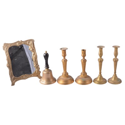 Lot 91 - Brass handbell, Art Nouveau style easel mirror, candelsticks, etc