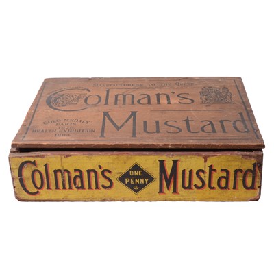Lot 98 - Advertising: Coleman's One Penny Tin Mustard, and three other wooden boxes