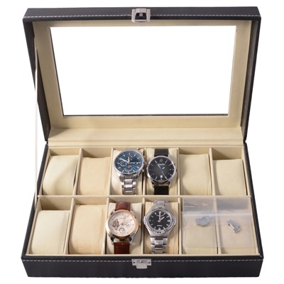 Lot 415 - Four gentlemen's stainless steel automatic and quartz wristwatches, and two display cases.