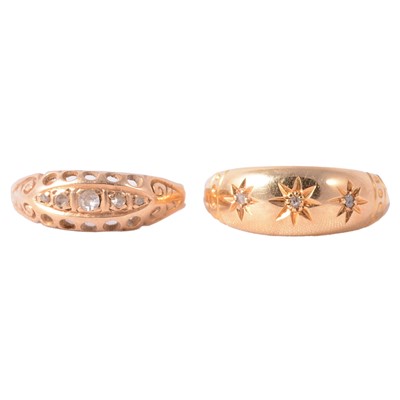 Lot 149 - Two antique gold rings set with small diamonds.