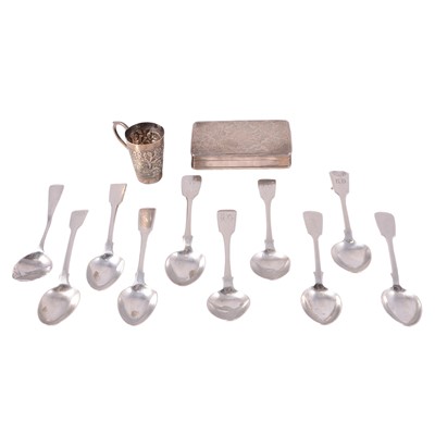 Lot 379 - Silver teaspoons, French silver box, Indian white metal cup