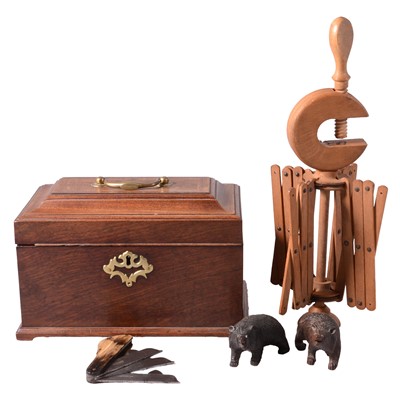 Lot 134 - Georgian mahogany tea caddy, pair of small Black Forest carved bears, and other treen
