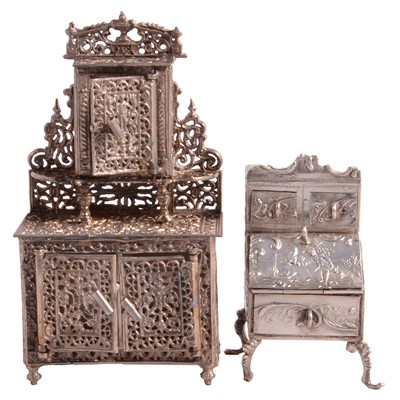Lot 391 - Dutch(?) silver miniature bureau and a Continental white metal miniature dresser