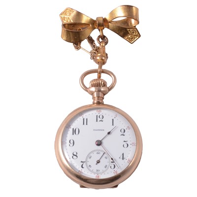 Lot 1024 - Illinois Watch Co - a gold-plated fob watch on a bow brooch.