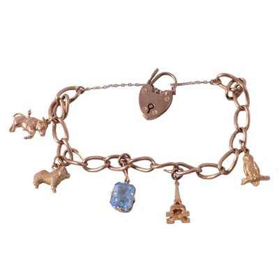 Lot 289 - A 9 carat yellow gold charm bracelet with charms attached.