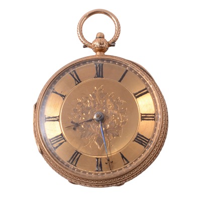 Lot 367 - An 18 carat yellow gold open face fob watch.