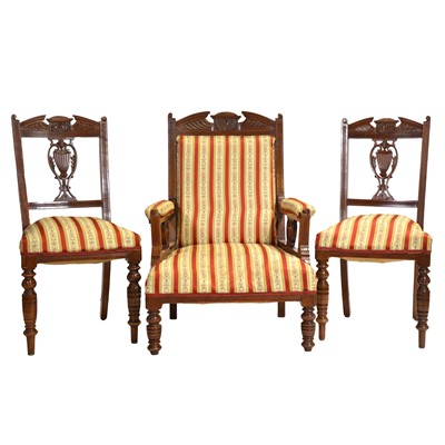 Lot 525 - Set of four Victorian walnut salon chairs and matching elbow chair