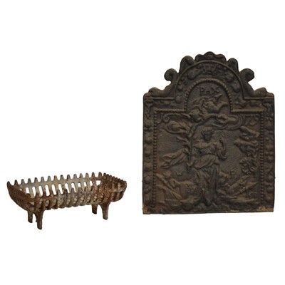 Lot 573 - Cast iron fire back and fire basket