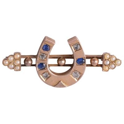 Lot 214 - A sapphire, diamond and cultured pearl horseshoe bar brooch.