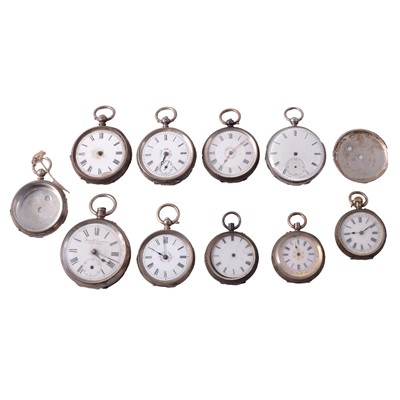 Lot 390 - Nine silver and white metal fob watches, white metal fob watch case, and silver case back.