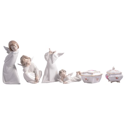 Lot 49 - Two Royal Crown Derby boxes and covers, and seven Lladro cherub figurines