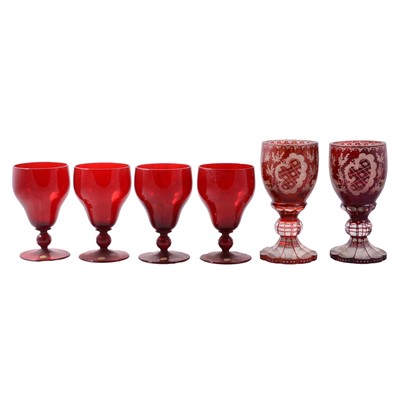 Lot 25 - Four 19th century Bohemian goblets, and six Czechoslovakian red glass rummers.