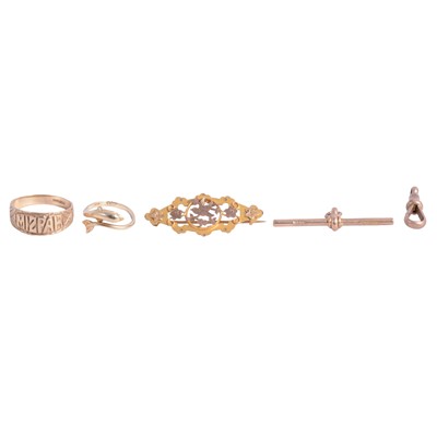 Lot 307 - Mizpah ring, brooch, T bar, swivel fastener, and dolphin ring.