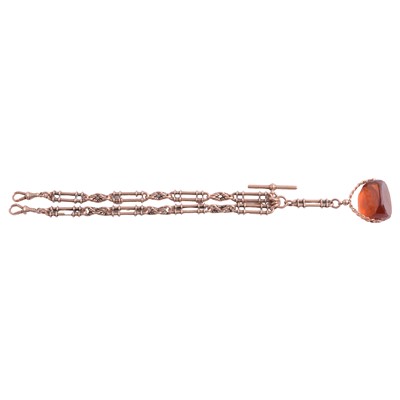 Lot 354 - A 9 carat rose gold double Albert watch chain with fob.