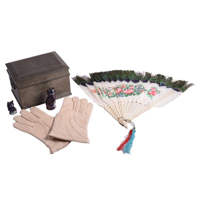 Lot 147 - Chinese fan, kid gloves, tea caddy, etc