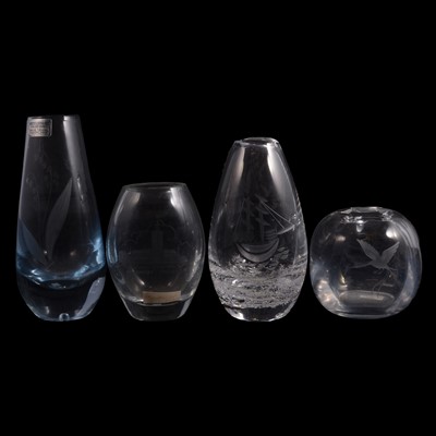 Lot 28 - Sixteen engraved Scandinavian glass vases