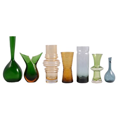 Lot 31 - Seven assorted Scandinavian Art Glass vases, yellow and green tones