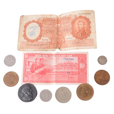 Lot 234 - Collection of British and overseas coins and banknotes, some silver content.