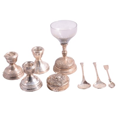 Lot 352 - Three silver filled squat candlesticks, silver ring box with velvet lining.