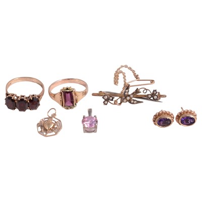 Lot 313 - Two gemset rings, pair of gemset earrings, charm, brooch, and pendant.