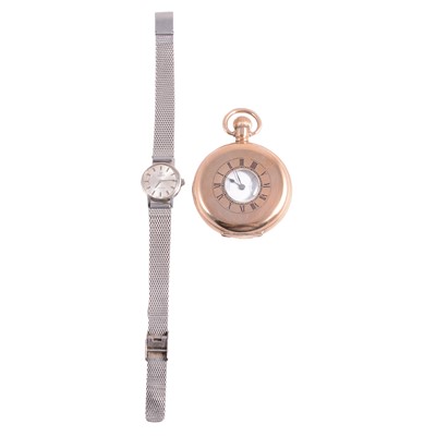 Lot 430 - Omega - a lady's stainless steel manual wind bracelet wristwatch, and a demi-hunter pocket watch.