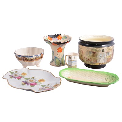 Lot 41 - Royal Doulton jardiniere; Woods ware vase, with rose, three Gibsons dishes, Beswick celery dish etc.