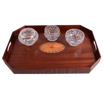 Lot 128 - A Blake's reproduction mahogany inlaid teatray, and three cut-glass rose bowls.