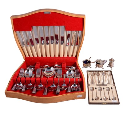 Lot 330 - Silver cruet set, cased set of silver coffee-bean spoons, and a canteen of plated cutlery