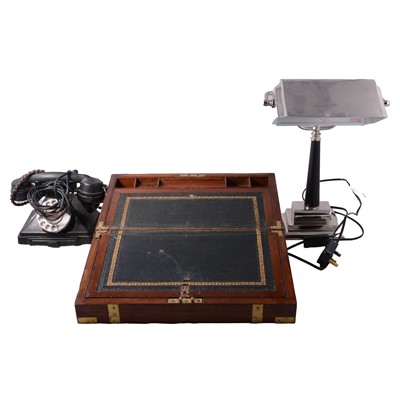 Lot 125 - Victorian mahogany brass banded writing slope, GPO telephone, and a modern desk lamp