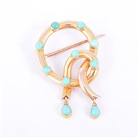 Lot 193 - A yellow metal brooch set with turquoise, open...